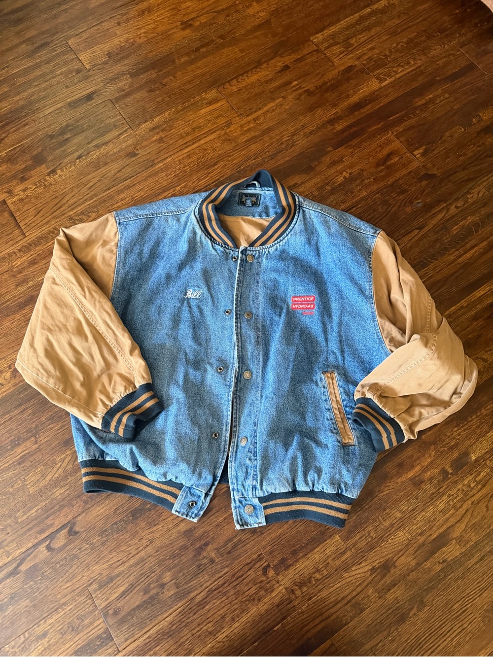 Dunbrooke Blue Denim Body with Tan Sleeves Varsity Jacket
